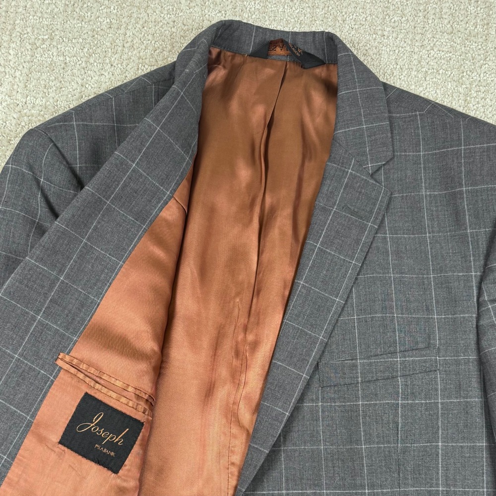 Jos A Bank Mens 40R (32x30) Gray Windowpane Slim Fit Wool Two Piece Suit